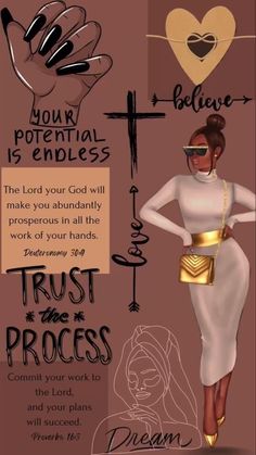 a woman in a white dress standing next to a cross with words above her that say trust the process