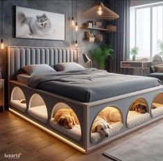 two dogs are sleeping in their beds with lights on the headboard and foot board