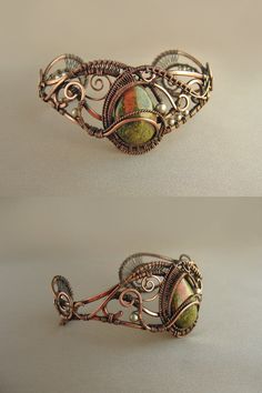 Bracelet "Juniper" by UrsulaOT on DeviantArt. Crochet Metal, Wire Wrap Bracelet, Wire Wrapped Stone Jewelry, Wire Wrap Jewelry Designs, Copper Jewellery, Wire Wrapping Diy, Wire Crochet, Wire Jewelry Designs, Wire Wrapping Stones