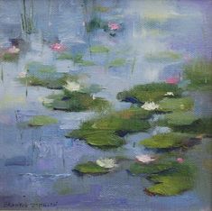 an oil painting of lily pads in the water