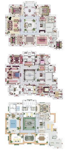 the floor plan for an apartment with two levels and three rooms, all in different colors