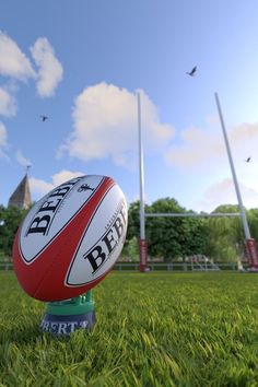 a rugby ball sitting on top of a lush green field under a blue cloudy sky