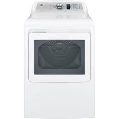 a white dryer with the door open on a white background and an appliance above it