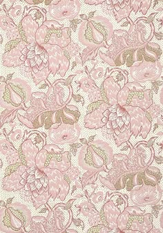 a pink and green floral pattern on white fabric