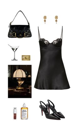 a woman's outfit and accessories including a black dress