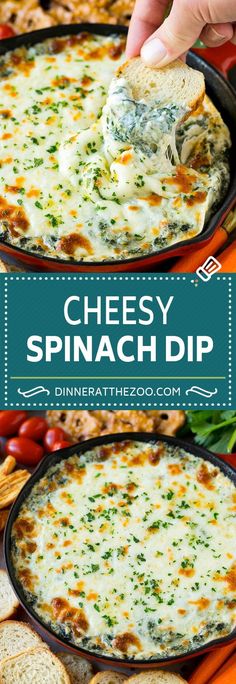 a hand dipping a piece of bread into a casserole with cheese and spinach dip