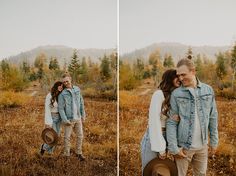 a man and woman standing in the middle of a field