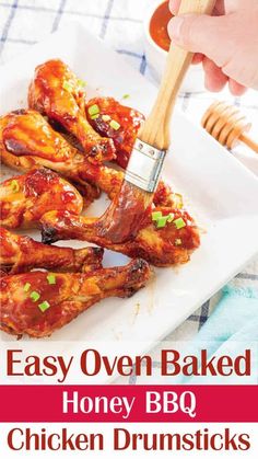 easy oven baked honey bbq chicken drumsticks on a white plate with text overlay