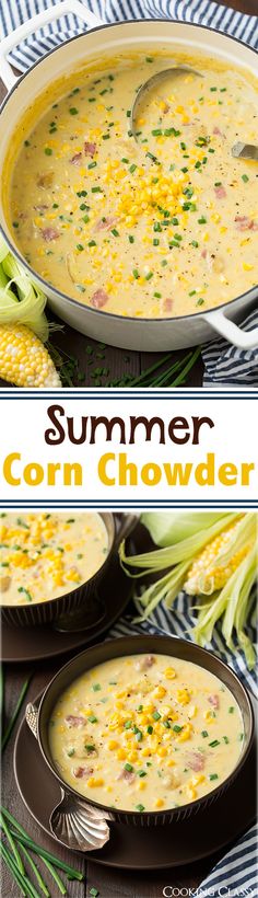 corn chowder recipe in a skillet with the title text overlay reads summer corn chowder