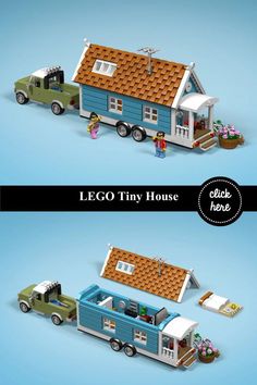 the lego tiny house is shown in two different views