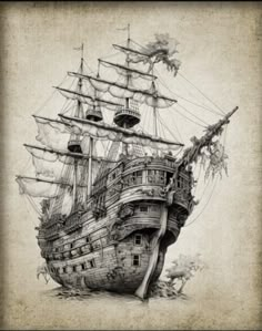 a drawing of a pirate ship in the water