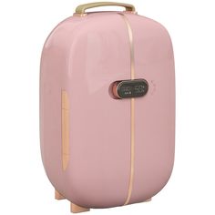 a pink suitcase with gold trim around the handle