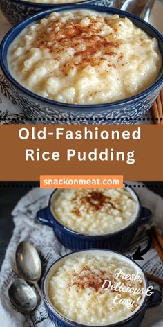 old - fashioned rice pudding in blue bowls with cinnamon sprinkles on top