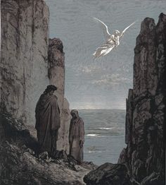 two men looking at an angel flying over the ocean from between rocky cliffs with water below