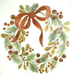 a watercolor painting of a wreath with holly and red ribbon on white paper background