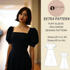 BETRAPATTERN - Etsy Puff Dress Pattern, Midi Dress Sewing Pattern, Puff Sleeve Dress Pattern, Puff Sleeve Pattern, Dress Sewing Patterns Free, Puff Sleeve Midi Dress, Puff Dress