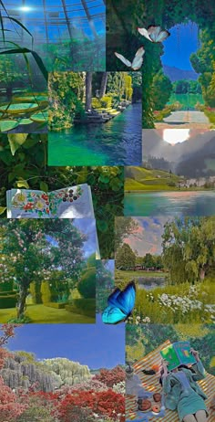 a collage of images with trees and flowers in them, including a woman laying on a bench