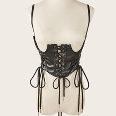 PU leather lace up solid cami corset Black Black Punk Corset With Straps, Black Punk Style Corset With Straps, Black Underbust Corset Belt With Straps, Trendy Fitted Corset With Spaghetti Straps, Spring Underbust Corset With Lace-up Back, Gothic Corset With Straps, Punk Style Party Corset With Straps, Black Overbust Corset Belt With Straps, Black Overbust Corset With Adjustable Straps