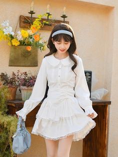 Fabric: polyester Cute White Blouse With Doll Collar, White Blouse With Doll Collar In Cute Style, Cute Long Sleeve Cream Blouse, Cute Cream Long Sleeve Blouse, Cute White Dress With Peter Pan Collar, White Fitted Cute Blouse, Cute Fitted White Blouse, White Feminine Dress With Ruffled Collar, Cute White Dress With Ruffled Collar