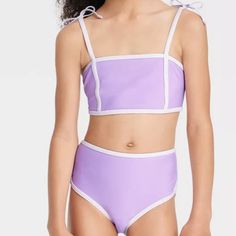 Cat & Jack Kids Girls' Tie Strap Sleeve Two-Piece Swimsuit Purple Xs (4/5) Nwt New With Tag Brand: Cat & Jack Size: M (7/8) Color: Purple Tie Strap Sleeve Polyester / Spandex Solid Print Two-Piece Lightweight Machine Washable Sku - 29o232621 Swimsuit Purple, Gingham Swimsuit, Tie Swimsuit, Sleeve Swimsuit, Tropical Bikinis, Baby Swimsuit, Yellow Swimsuits, Girls Tie, Long Leggings