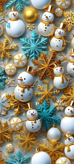 snowmen and christmas decorations on a white surface with gold, blue and green ornaments