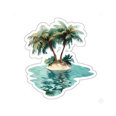 an island with two palm trees in the water