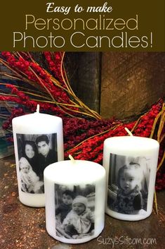 three candles with the words easy to make personalized photo candles