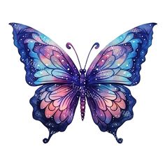 a blue butterfly with purple wings and stars on it's wings, flying through the air