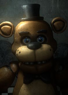 an animated bear with a top hat and bow tie standing in front of a wall