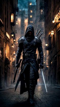 a man dressed in black holding two swords and walking down a street at night with buildings lit up behind him