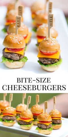 mini cheeseburgers are arranged on small plates with toothpicks in them to hold the burgers