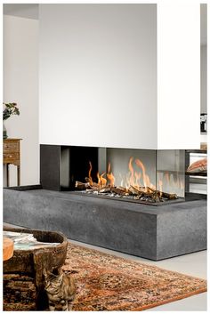 a modern fireplace in a living room with an area rug on the floor and fire burning inside