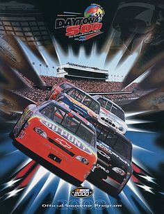 the official nascar poster for the daytona 500, featuring two cars in front of an arena