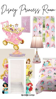 the disney princess room is shown in pink