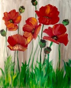 an oil painting of red poppies in the grass on a white background with green leaves