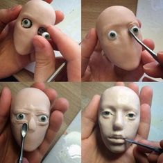 four pictures of someone making a fake face with scissors