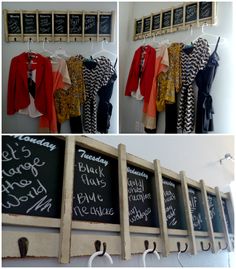 three pictures of clothes hanging on hooks and chalkboard