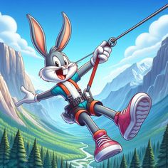 a cartoon rabbit holding onto a rope in the air with mountains and trees behind it