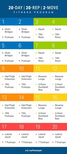 the 20 - day workout plan is shown in blue and yellow, with numbers on each side