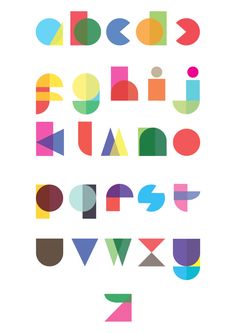 the alphabet is made up of different colors and shapes, including letters that appear to be overlapping