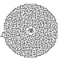 a round maze with an arrow pointing to the center and two people on it, which is