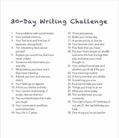 the 30 - day writing challenge is shown in this printable version, with instructions for each