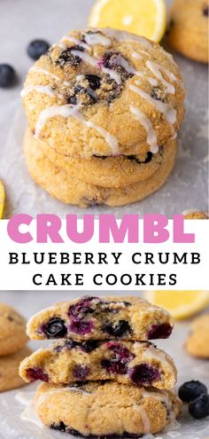 blueberry crumb cake cookies stacked on top of each other with lemons and blueberries in the background