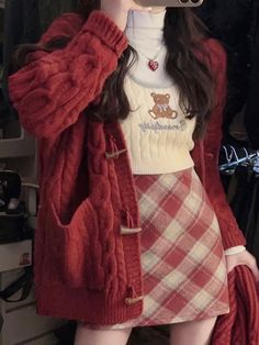 Korean Christmas outfit idea: chunky red cardigan + plaid mini skirt Characters Outfits, Cute Christmas Outfits, Dream Outfits, Christmas Outfits, Red Outfit, Really Cute Outfits, Kawaii Clothes, Korean Outfits