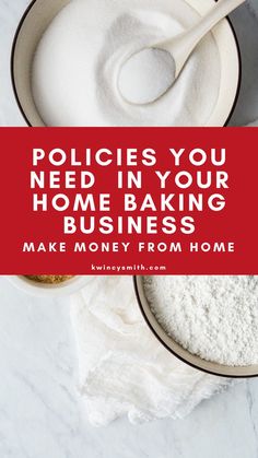 two bowls filled with white flour next to a red banner that says amazon items that are on sale for your home baking business make money from home