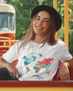 "World Map Shirt, Adventure Shirt, Geography Shirt, Wanderlust Shirt, Vacation Shirt, Unisex shirt, Travel Shirt, Travel Gift, Adventure Tee ▸ H O W  T O  O R D E R ◂ 1. Please, Check and Review all Photos. 2. Select Your T-Shirt Size and T-Shirt Color from the drop-down menus.* 3. Choose Your Quantity as much as you want. 4. Click ADD TO CART. You can go back to add more product colors for your family members anytime you want, or you can complete the checkout process. 5. Please click the \"Proc Graphic Print Short Sleeve T-shirt For Travel, White Letter Print Top For Travel, White Crew Neck T-shirt For Travel, Graphic Tee With Crew Neck For Travel, Casual Graphic Print Travel Shirt, White Graphic Print T-shirt For Travel, White Graphic Print Top For Travel, White Cotton Top For Travel, Short Sleeve Tops With Letter Print For Travel