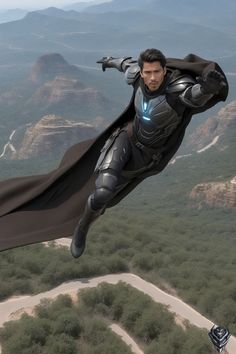 a man flying through the air while wearing a black suit and blue lights on his chest