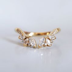 Wing Ring, Angel Wing Ring, Fall Rings, Solid Gold Band, Bridal Bands, Open Ring, Ring Band, Gold Band, White Diamonds