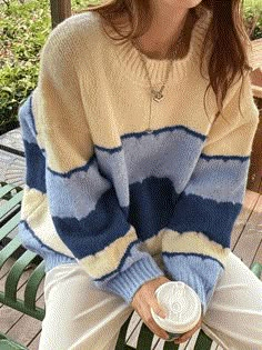 Striped Knitwear, Oversized Knit Cardigan, Pullover Outfit, Cardigan Vintage, Coastal Granddaughter, Loose Sweater, Looks Chic