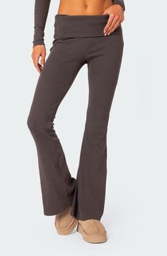 Build your sporty looks from the bottom up in these stretchy ribbed pants finished with flared legs to switch your comfy style up a bit. Elastic waist 95% cotton, 5% spandex Machine wash, dry flat Imported Brown Yoga Pants For Fall, Rib Flare, Broken Ribs, High Heel Sandals Platform, Ribbed Pants, Ribbed Flares, Stirrup Leggings, Sporty Looks, Mid Heel Sandals